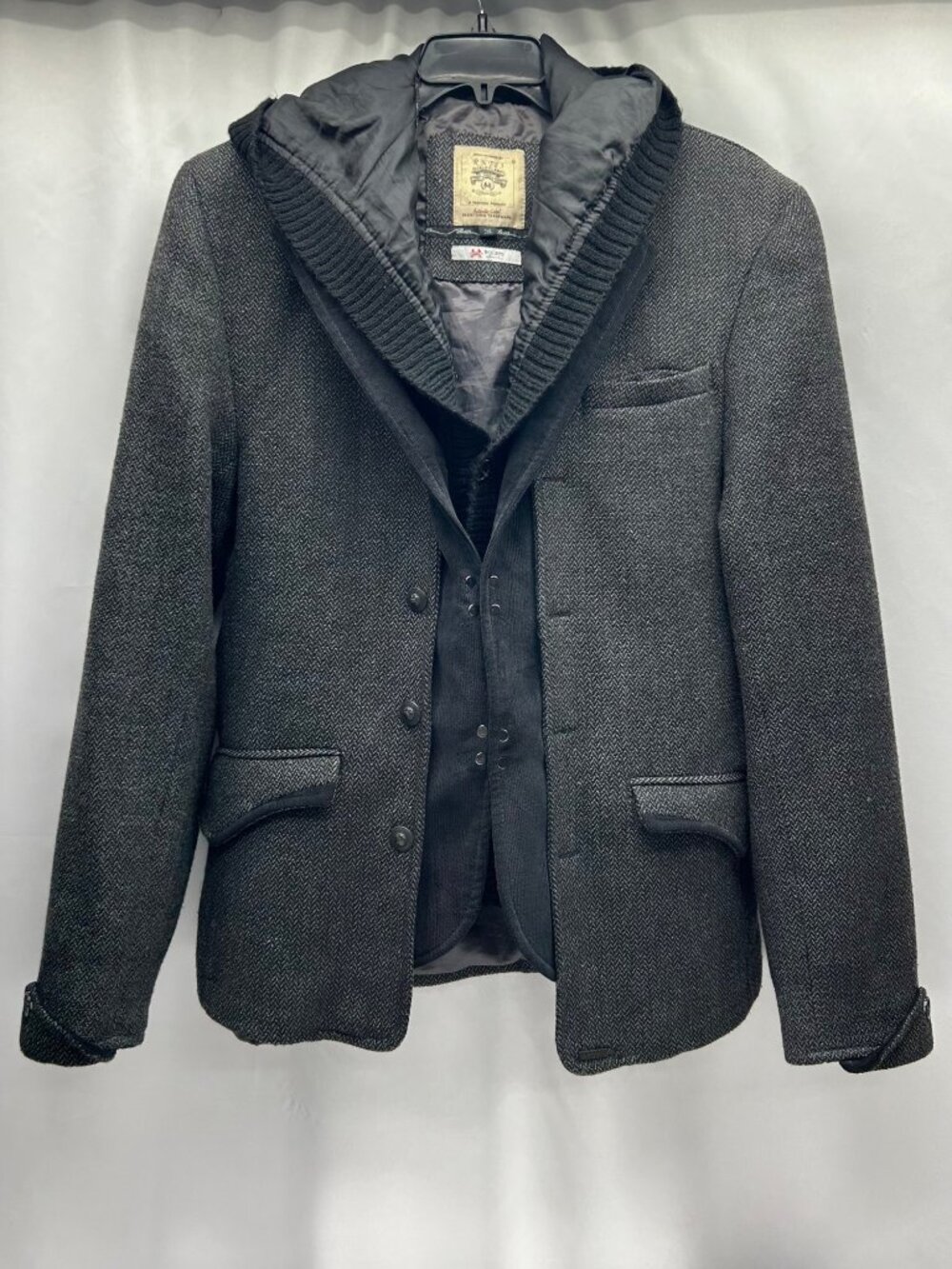 RNT23 Ron Tomson Men's3XL Charcoal Gray Herringbone Blazer With Quilted Hood & I